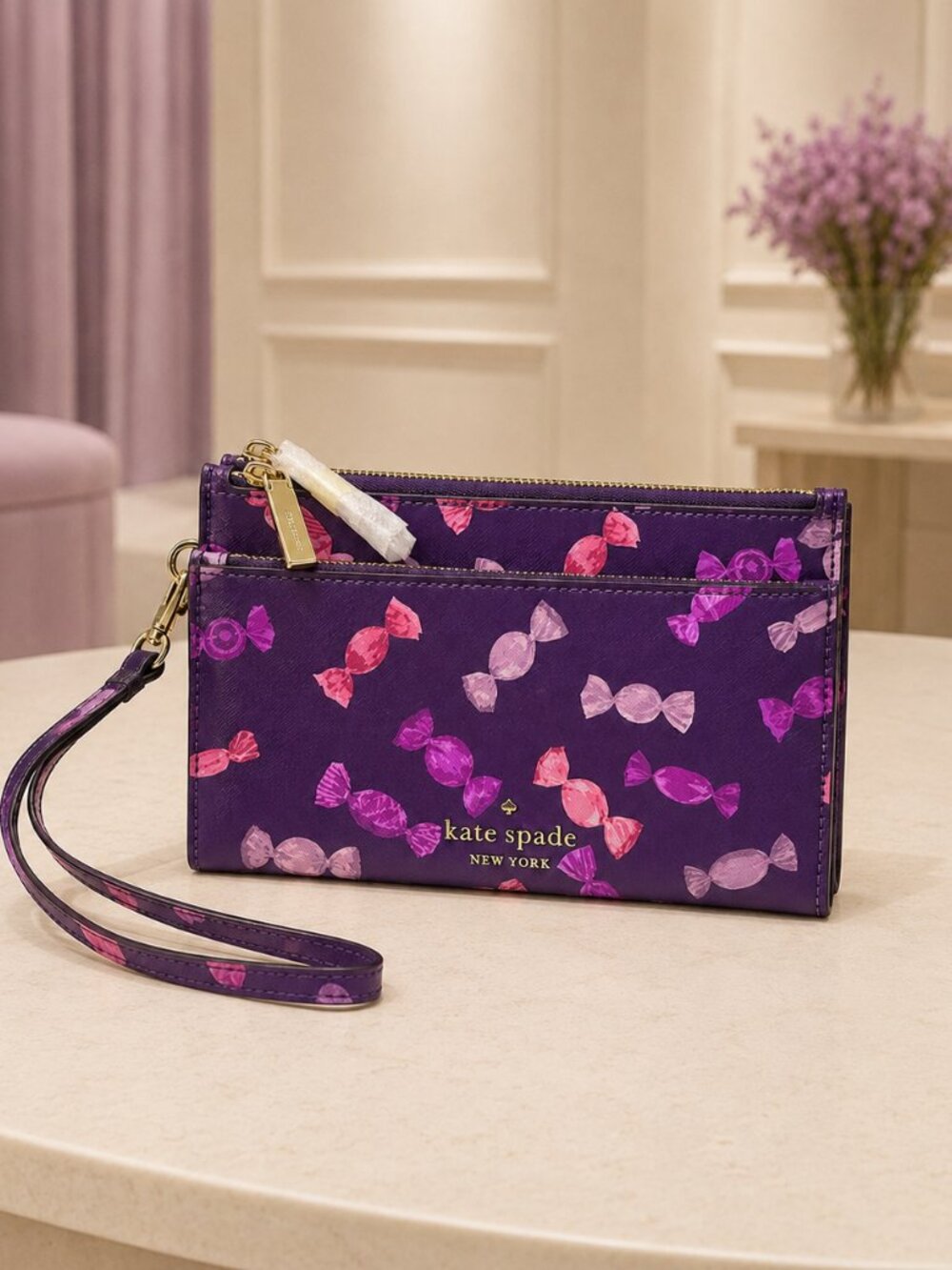 SEO Title: Kate Spade Purple Candy Print Double Zip Wristlet Wallet 8x5 Gold Har